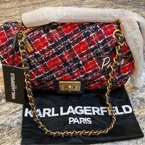 Karl Lagerfeld Agyness red navy and tweed shoulder bag.